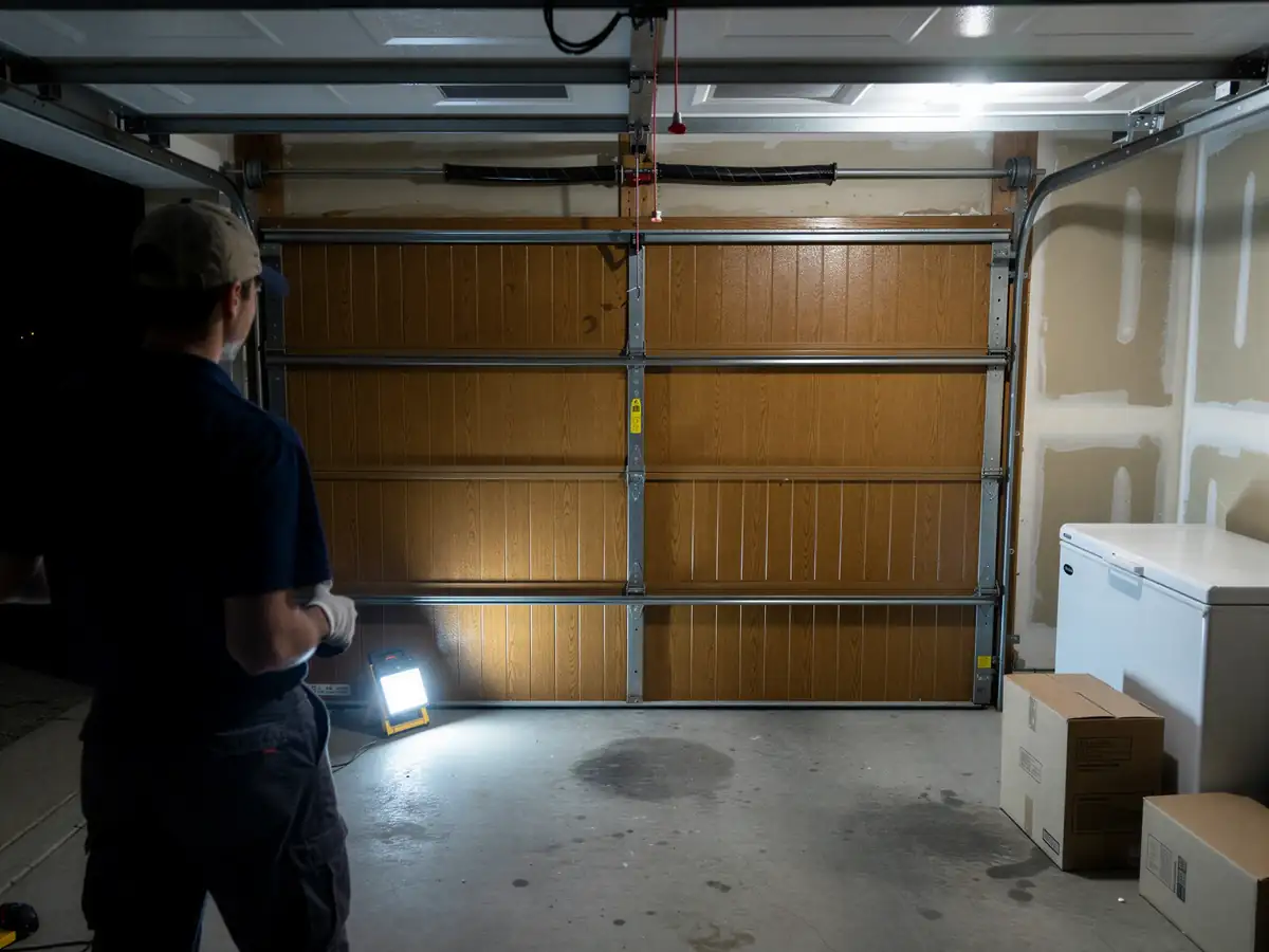A technician stands in a garage looking at a brown garage door.