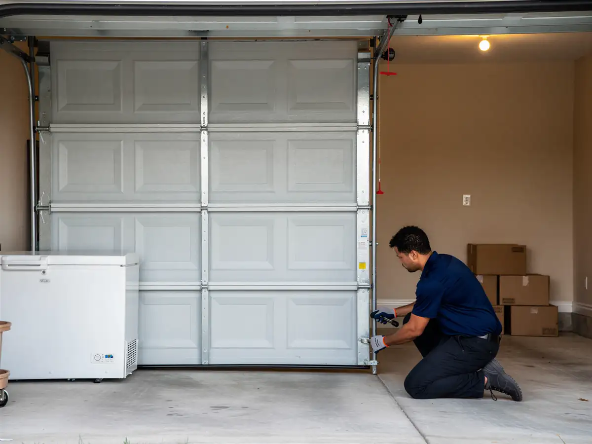 A technician kneels to adjust the bottom of a white garage door.