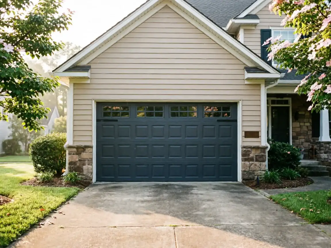 A dark gray garage door with windows on a beige house.