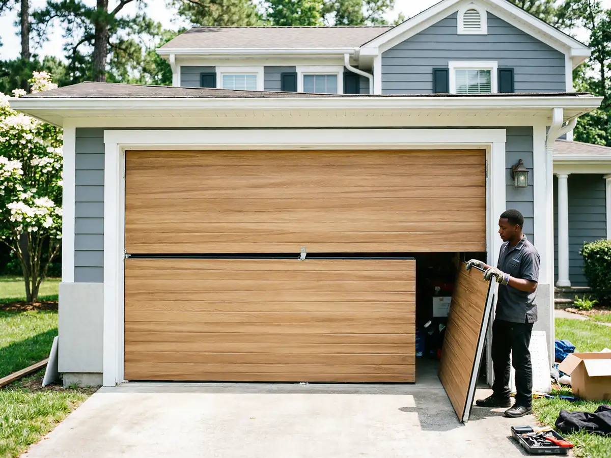 A technician installs a wood-look garage door on a gray house.