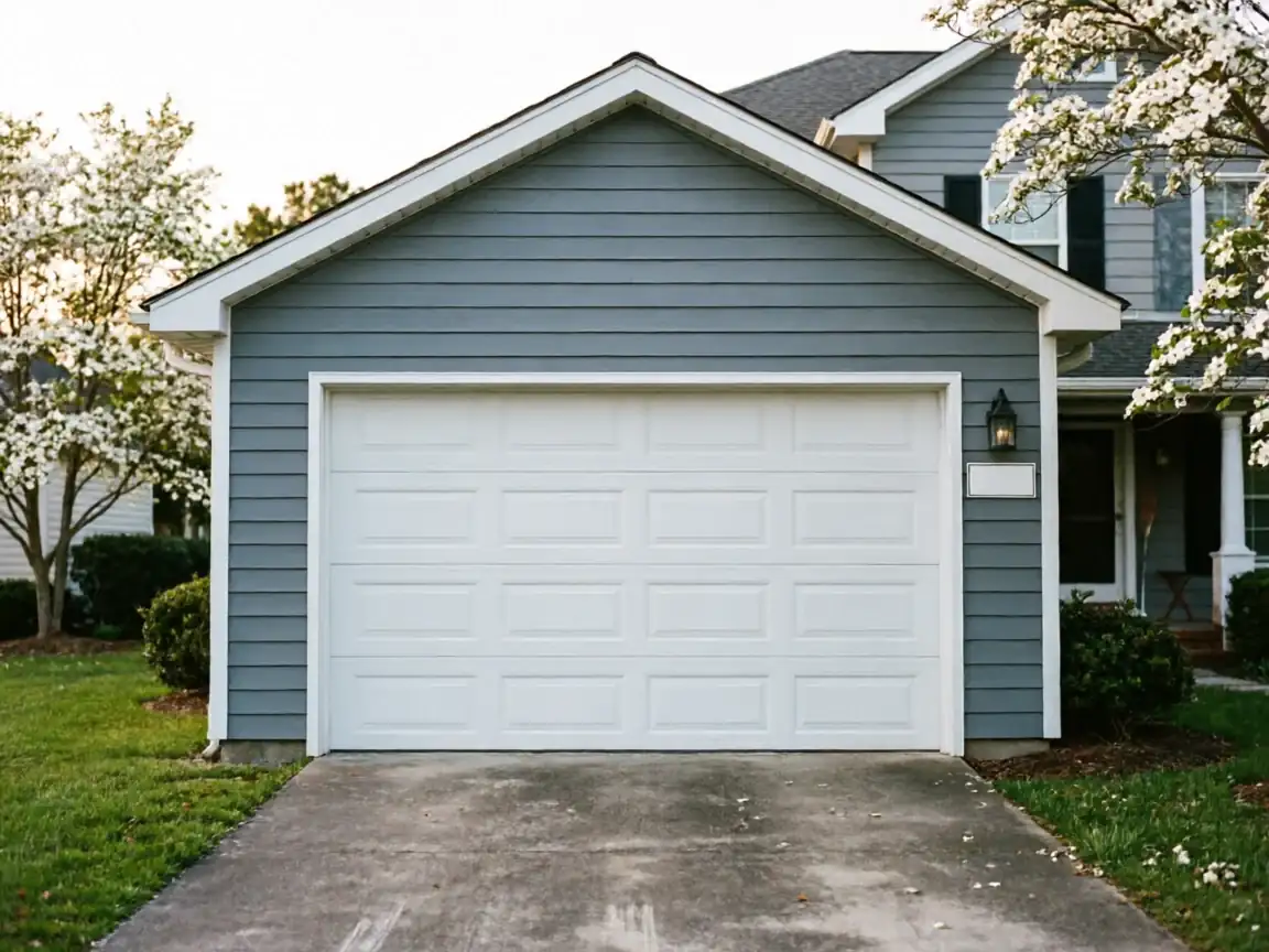 A white garage door on a blue house with a driveway and blooming trees.