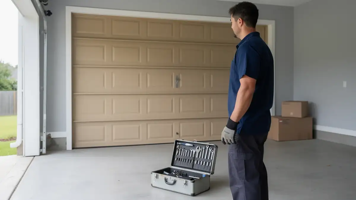 A technician stands in a garage with an open toolbox and a closed garage door.